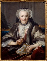 Retrato de Madame Dange batendo à porta Ela é a esposa do fazendeiro geral F. B. Dange du Fay - Pintura de Louis Tocque (1696-1772) 1753 Sun. 0,83x0,63 m - Retrato de Anne Jarry, Madame Dange (Em 1721 ela casou com François Balthazar Dange du Fay (1696-177