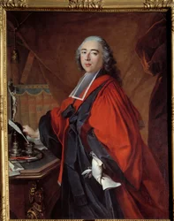 Retrato de um magistrado. Na sua mesa há um crucifixo e uma necessidade de escrita. Pintura de Louis Tocque (1696-1772)