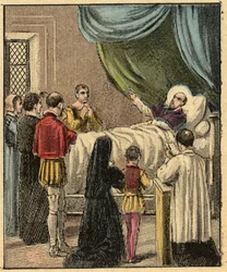 Morte de São Francisco de Sales - Morte de São Francisco de Sales (São Francisco de Sales) (1567-1622) - Gravura de “” Ensino religioso pelos olhos. Wonderful Album” de Louis Maitrejean e Georget Ramond - França 1910