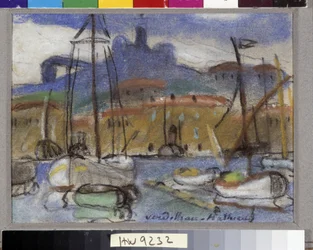 La Bonne Mère Vue de Marseille do porto com a Cathedrale Notre Dame de la Garde (Notre-Dame-de-la-Garde), também chamada "Bonne Mère". Pastel de Louis Mathieu Verdilhan (1875-1928) Menção obrigatória: Fondação de colecção no que diz respeito a de Provence,