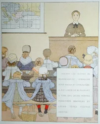 Os alunos de Mademoiselle Genseigne, ilustração de Nos Enfants, de Anatole France (1844-1924).