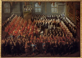 Cama de Justiça realizada por Luís XV (1710-1774) na Grande Câmara do Parlamento de Paris para quebrar a vontade de Luís XIV (1638-1715)