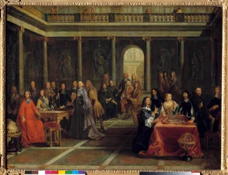 A rainha Cristina da Suécia, rodeada pela sua corte, ouve o filósofo René Descartes fazer uma demonstração de geometria; na presença do príncipe de Condé, Isabel da Baviera, princesa palatina, e do padre Mersenne. Pintura de Louis Michel Dumesnil