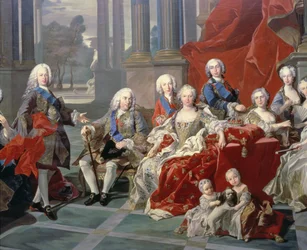 131 0794093/1 A Família de Filipe V de Espanha (1683-1746) detalhe representando o rei, sua segunda esposa Isabel Farnese e o futuro Fernando VI