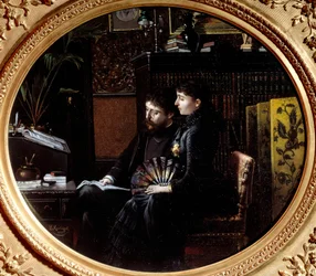 Alphonse Daudet (1840 - 1897) e sua esposa Julie Allard (1844-1940) em seu escritório de trabalho. Pintura de Louis Montegut (1855-?)