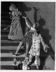 Na noite do baile de máscaras, a escadaria estreita do hotel tremia sob os degringolamentos frenéticos ou os sinos de um boné de loucura a cada vez. Na colecção autobiográfica "Trento ans de Paris" de Alphonse Daudet (1840-1897). Gravura depois de Mon