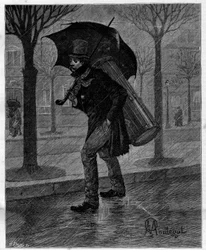 Má colheita! Pobre cigarra molhada! ... Tocador de tambor na miséria andando na chuva nas ruas de Paris. Na colecção autobiográfica "Trento ans de Paris" de Alphonse Daudet (1840-1897). Gravura depois das ilustrações de Montegut em "Le Monde illustriou