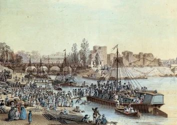 Navio de navegação carregou passageiros chegando ao cais. Desenho de Louis de Lespinasse (1734-1808) 1782. Paris, Musee Carnavalet