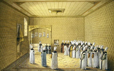 A apresentação de um Embaixador ao Sultão na Sala de Petições do Palácio Topkapi, Constantinopla (aguarela e corpinho com giz, caneta e tinta sobre papel)