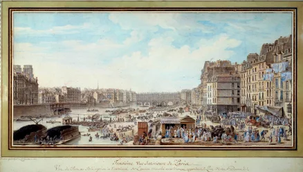 Vista do porto da baleia, tirada da então velha Marche aux veaux em direcção à ponte Notre-Dame em Paris Watercolour de Louis Nicolas de Lespinasse (1734-1808). 1782. Paris, Musee Carnavalet