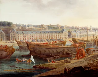 Estaleiro: "O Porto de Brest" Detalhe. Pintura de Louis Nicolas van Blarenberghe (1716-1794) 1774 Brest, Musee des Beaux Arts