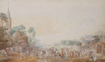 O duque de Penthievre com Benjamin Franklin à sua direita assistindo a uma revisão de seu regimento de voluntários ao lado de seu castelo em Rambouillet