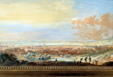 Vista da cidade de Cap francais (Cap de la Republique) vista da colina em Santo Domingo Detalhe. Pintura de Louis Nicolas Van Blarenberghe (1716-1794) 1779 La Rochelle, Musee du Nouveau Monde.