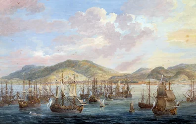 Vista da cidade de Cabo Francais (Cap de la Republique) vista para o mar em Santo Domingo Detalhe. Pintura de Louis Nicolas Van Blarenberghe (1716-1794) 1779 La Rochelle, musee du Nouveau Monde - Vista da cidade de The Cap francais (Cap de la Republique), 