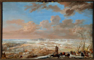 Guerra da Sucessão da Áustria (1741-1748): "Cerco de Bruxelas sob a neve pelo marechal da Saxónia de 7 a 20 de Fevereiro de 1746" Gouache de Louis Nicolas Van Blarenberghe (1716-1794) 1781 Sol. 0,59x0,94 m Versailles, museu do castelo