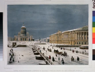 A catedral de São Isaac e a Praça do Senado em São Petersburgo. Desenho de Louis Pierre Alphonse Bichebois (Louis-Pierre-Alphonse) (1801-1850). Litografia colorida com aguarela,
