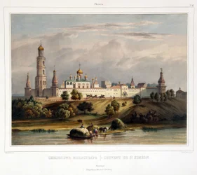 O Convento de São Simão (Simeão), Moscou (Vista do Mosteiro Simonov em Moscou). Obra de Louis Pierre Alphonse Bichebois (1801-1850), gravura colorida em aquarela, início do século XIX. Arte francesa, paisagem, classicismo. Museu Estadual de A.S.