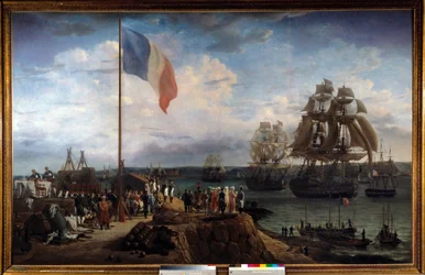 O Imperador Napoleão I e Marie Louise assistem à esquadra do Almirante Troude em Cherbourg em 30/05/1811 Pintura de Louis Philippe Crepin (1772-1851) 1811 Sun. 1,65x2,55 m Malmaison, musee du chateau.