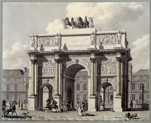Vista do arco do triunfo do carrossel em Paris. Desenho em caneta e tinta com lavagem de Pierre Louis Balard (1764 - 1846)