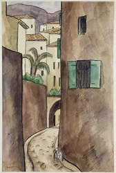 Rua mediterrânea e casas (caneta e tinta e papel higiênico)