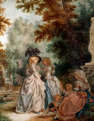 Caminhe no parque Elegant Young Women durante um momento de relaxamento em um jardim. Aquarela de Louis Trinquesse (1746-1800) Século XVIII. Paris, Musee Carnavalet