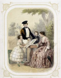 Família em torno de um livro de imagens - em "Album du jeune voyageur", ilustrado por Louis Lassalle