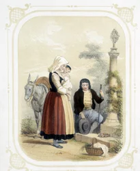 Família na Bretanha em frente a um perdão - no "Album du jeune voyageur", ilustrado por Louis Lassalle
