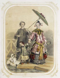 Caminhada em família na China - no "Album du jeune voyageur", ilustrado por Louis Lassalle