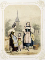 Duas mulheres e uma menina na Suíça - no "Album du jeune voyageur", ilustrado por Louis Lassalle