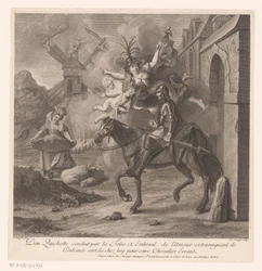 Dom Quixote acompanhado por Folly deixa a sua casa para se tornar cavaleiro errante
Don Quichotte conduit par la Folie et embrasé de l