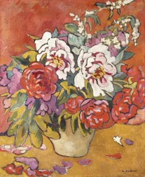Peonies in a Pitcher against a Red Background, c.1918 (óleo sobre tela)