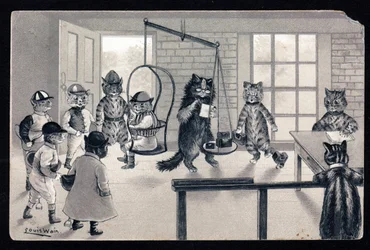 Nós gostamos do bom tempo. Animais em postura humana. O gato como um jockey a ser pesado numa balança. Cartão postal. Chromolithograph by Louis Wain (1860-1939), um artista inglês conhecido pela sua representação de gatos com olhos grandes. Início do dia 2