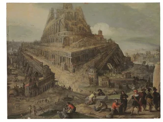 O rei Ninrode a ordenar a construção da Torre de Babel (óleo sobre painel)