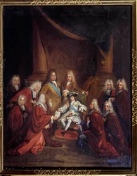Rei Luís XV (1710-1774) criança concedendo cartas de nobreza ao corpo da cidade em 1716 Pintura de Luís Boullogne a Jeune (1654-1733) 1716 Sol. 0,66x0,55 m Paris, Musee Carnavalet