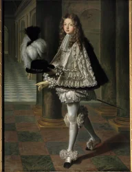 Portrait en pied de Louis Alexandre de Bourbon, conde de Toulouse em vestido de noviço do Espírito Santo (Ordem do Espírito Santo) (1678-1737), legitimite filho de Luís XIV e Françoise Athenais (Françoise-Athenais) de Rochechouart Mortemart, Marquesa do Mo