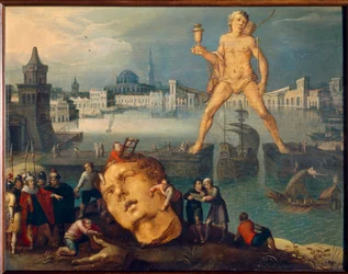 Sete Maravilhas do Mundo: "O Colosso de Rodes" (Colosso di Rodi) Pintura de Louis de Caullery (conhecido como o Mestre do Livro de Esboços de Leninegrado) (cerca de 1580- depois de 1621) Sol do século XVII. 0,35x0,46 m