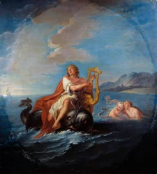Arion a brincar à lira. Arion de Methymne é um poeta grego do século VII AC. Pintura de Louis De Silvestre (1675-1760)
