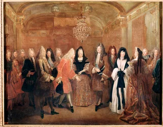Rei de França Luís XIV recebe o príncipe Frederico Augusto I no castelo de Fontainebleau (Pintura