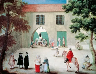 Assistência aos pobres em frente à abadia de Port-Royal des Champes, de Louise-Magdeleine Hortemels (1688-1767), gouache, França