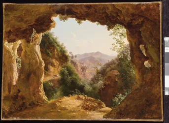 Uma caverna em uma paisagem rochosa (óleo sobre papel montado na tela)