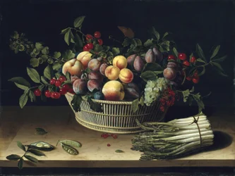 Natureza-morta com um cesto de fruta e um molho de espargos, 1630