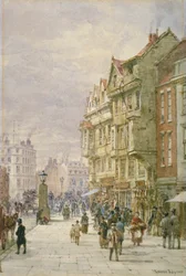 Vista leste ao longo de Holborn com figuras e veículos puxados por cavalos na rua, Londres, 1875
