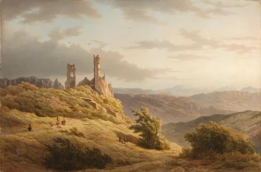 Paisagem montanhosa com uma ruína
