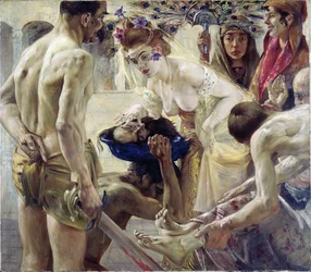 Salomé. A heroína bíblica, em traje de dança, recebe num tabuleiro a cabeça de São João Baptista, que Herodes lhe oferece como recompensa pelos seus encantos.