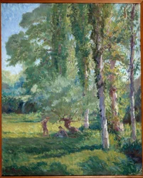 Casal na relva debaixo de um choupo Pintura por Loys Prat (1879-1934), século XX. Óleo sobre tela. Donzere, Câmara Municipal.