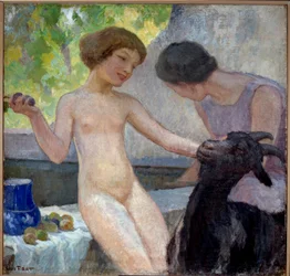 Rapariga nua a brincar com uma cabra. Pintura de Joseph Loys Prat (1879-1934), século XX. Donzere, câmara municipal.