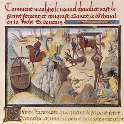 Ms 5072 fol.37v Maugis Lutando contra a serpente e ganhando o cavalo encantado, Bayard, do ciclo de Renaud de Montauban
