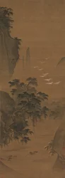 Paisagem de outono com garças e patos.
