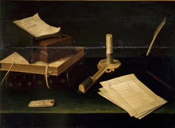 Natureza Morta de Livros, Pena, Carta e Pintura de Velas de Lubin Baugin (1610-1663) Século XVII Roma Galleria Spada