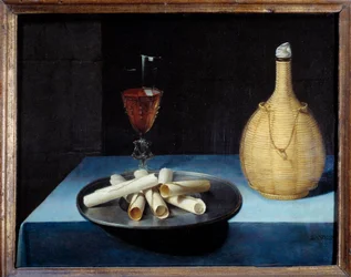 A sobremesa de bolachas, garrafa de vinho e copo. Pintura de Lubin Baugin (1612-1663) Sol do século XVII. 0,41x0,52 m .
